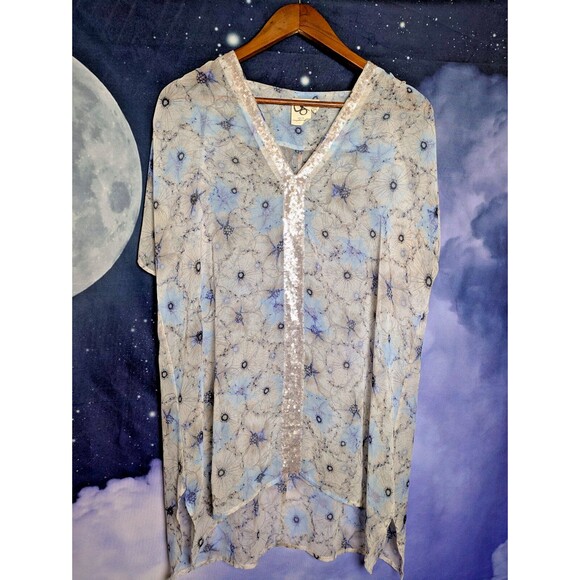 One September Blue Sequin Trim Tunic Top Size XS Festival Artistic Boho Flowy - Picture 3 of 9